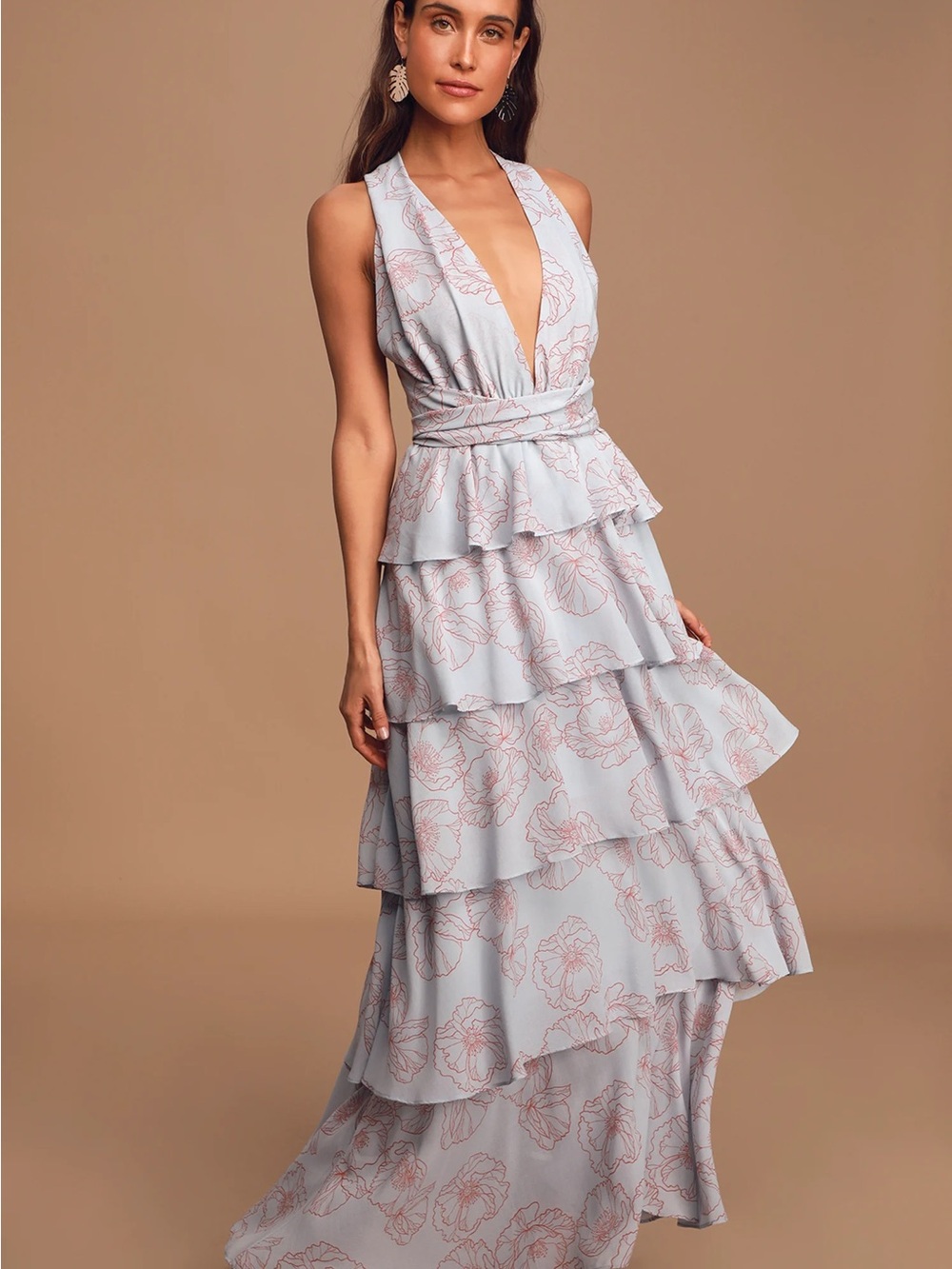 Blooming Kiss Dusty Blue Floral Print Tiered Maxi Dress